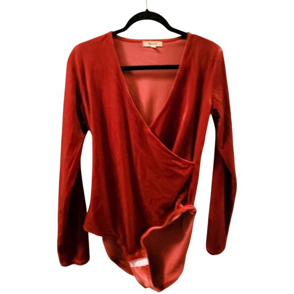 Madewell Burnt Orange/Rust Velvet Velour Faux Wrap Long Sleeve Body Suit Size M - Picture 1 of 10